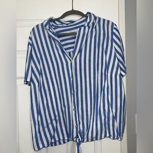 Ava & Viv Women's 2X Linen Short Sleeve Collared Button-Down Shirt Blue Striped